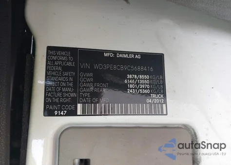 2012 Mercedes-Benz Sprinter 2500 High Roof from USA, damaged, VIN WD3PE8CB9C5688416